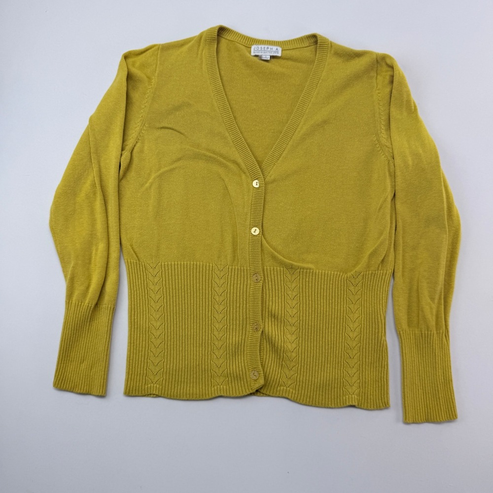 Joseph A Womens Chartreuse Yellow V-Neck Pointelle Ribbed Cardigan Sweater Small